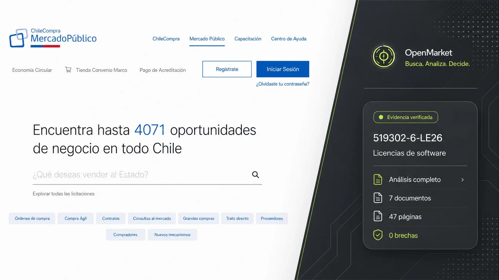 Representación editorial de OpenMarket operando sobre la portada de Mercado Público